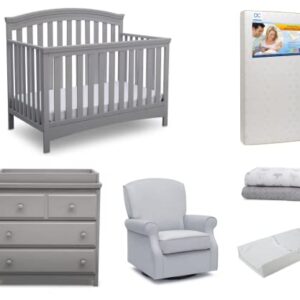 Delta Children Emerson Crib 7-Piece Baby Nursery Furniture Set–Includes: Convertible Crib, Glider, Dresser, Changing Top, Crib Mattress, Sheets, & Changing Pad, Grey