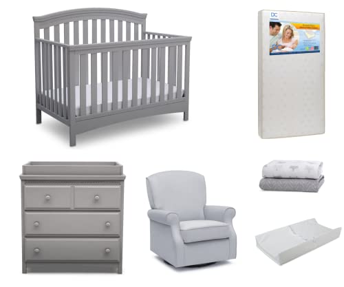 Delta Children Emerson Crib 7-Piece Baby Nursery Furniture Set–Includes: Convertible Crib, Glider, Dresser, Changing Top, Crib Mattress, Sheets, & Changing Pad, Grey