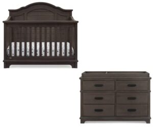 simmons kids asher crib and dresser nursery furniture – 6-in-1 convertible crib with toddler rail | fully assembled 6 drawer dresser with changing top | greenguard gold certified | rustic grey