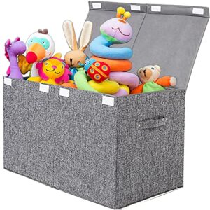 popoly large toy box chest with lid, collapsible sturdy toy storage organizer boxes bins baskets for kids, boys, girls, nursery, playroom, 25″x13″ x16″ (linen gray)
