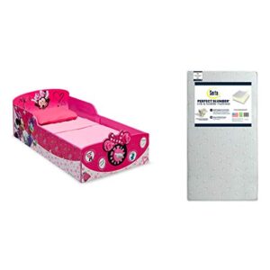 delta children interactive wood toddler bed, disney minnie mouse + serta perfect slumber dual sided recycled fiber core toddler mattress (bundle)