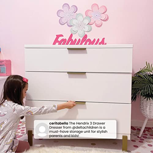 Delta Children Hendrix 3 Drawer Dresser, Bianca White/Bronze