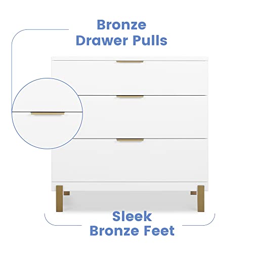 Delta Children Hendrix 3 Drawer Dresser, Bianca White/Bronze