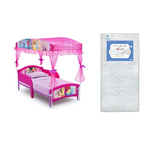 Delta Children Canopy Toddler Bed, Disney Princess + Delta Children Twinkle Galaxy Dual Sided Recycled Fiber Core Toddler Mattress (Bundle)