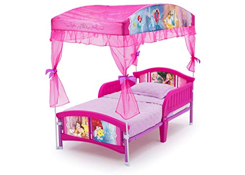 Delta Children Canopy Toddler Bed, Disney Princess + Delta Children Twinkle Galaxy Dual Sided Recycled Fiber Core Toddler Mattress (Bundle)