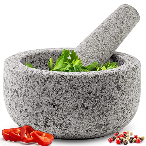 Heavy Duty Large Mortar and Pestle Set, Hand Carved from Natural Granite, Make Fresh Guacamole, Salsa, Pesto, Stone Grinder Bowl, Herb Crusher, Spice Grinder, 6.3" Wide, 2 Cup, Grey