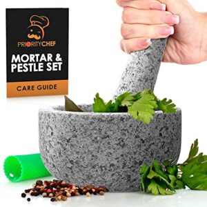 Heavy Duty Large Mortar and Pestle Set, Hand Carved from Natural Granite, Make Fresh Guacamole, Salsa, Pesto, Stone Grinder Bowl, Herb Crusher, Spice Grinder, 6.3" Wide, 2 Cup, Grey