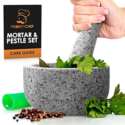 Heavy Duty Large Mortar and Pestle Set, Hand Carved from Natural Granite, Make Fresh Guacamole, Salsa, Pesto, Stone Grinder Bowl, Herb Crusher, Spice Grinder, 6.3" Wide, 2 Cup, Grey