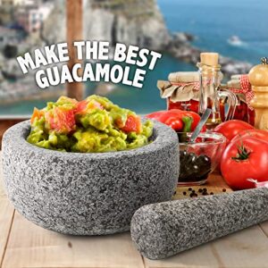 Heavy Duty Large Mortar and Pestle Set, Hand Carved from Natural Granite, Make Fresh Guacamole, Salsa, Pesto, Stone Grinder Bowl, Herb Crusher, Spice Grinder, 6.3" Wide, 2 Cup, Grey