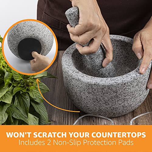 Heavy Duty Large Mortar and Pestle Set, Hand Carved from Natural Granite, Make Fresh Guacamole, Salsa, Pesto, Stone Grinder Bowl, Herb Crusher, Spice Grinder, 6.3" Wide, 2 Cup, Grey