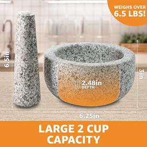 Heavy Duty Large Mortar and Pestle Set, Hand Carved from Natural Granite, Make Fresh Guacamole, Salsa, Pesto, Stone Grinder Bowl, Herb Crusher, Spice Grinder, 6.3" Wide, 2 Cup, Grey