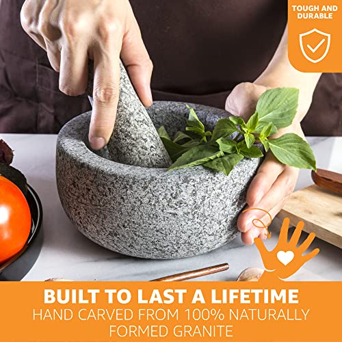 Heavy Duty Large Mortar and Pestle Set, Hand Carved from Natural Granite, Make Fresh Guacamole, Salsa, Pesto, Stone Grinder Bowl, Herb Crusher, Spice Grinder, 6.3" Wide, 2 Cup, Grey