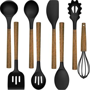silicone cooking utensil set, umite chef 8-piece kitchen utensils set with natural acacia wooden handles,food-grade silicone heads-silicone kitchen gadgets set for nonstick cookware- black