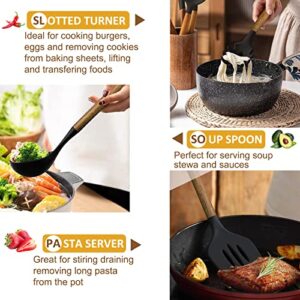 Silicone Cooking Utensil Set, Umite Chef 8-Piece Kitchen Utensils Set with Natural Acacia Wooden Handles,Food-Grade Silicone Heads-Silicone Kitchen Gadgets Set for Nonstick Cookware- Black
