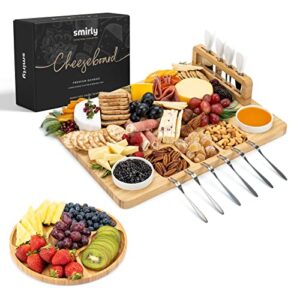 smirly bamboo cheese board and knife set: large charcuterie boards set, cheese tray platter – unique house warming gifts new home, anniversary wedding gifts for couple, bridal shower gift for women