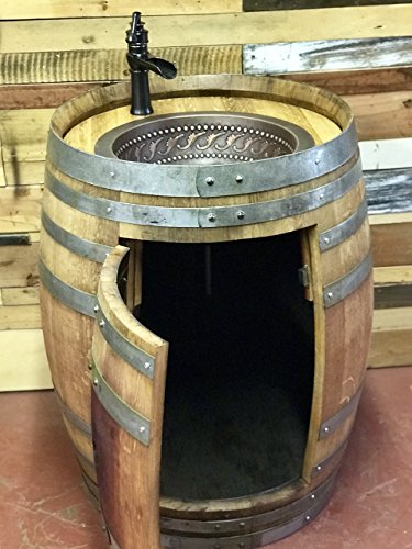 Wine Barrel Copper Sink Vanity with Hidden Hinged Door and Antique Waterfall Faucet