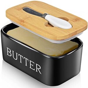 AISBUGUR Large Butter Dish with Lid Ceramics Butter Keeper Container with Knife and High- quality Silicone Sealing Butter Dishes with Covers Good Kitchen Gift Black