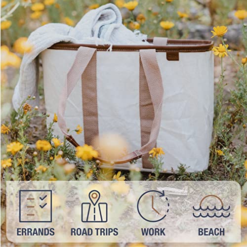 CleverMade Canvas Tote Bag - Reusable Collapsible Basket, Durable Heavy Duty LUXE Grocery Shopping Bag, Geometric Taupe , 20L