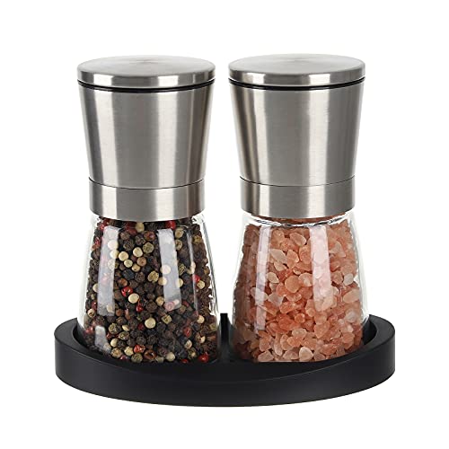 VEVOK CHEF Salt and Pepper Grinder Set Adjustable Coarseness Ceramic Pepper Mill Salt Crusher with Silicone Tray Salt and Pepper Shaker Spice Grinder Kitchen Chef Gift