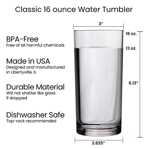 US Acrylic Classic 16 ounce Premium Quality Plastic Water Tumblers in Clear | Set of 6 Drinking Cups | Reusable, BPA-free, Made in the USA, Top-rack Dishwasher Safe