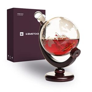 kemstood whiskey globe decanter (28 ounce) – etched world globe whiskey decanter sets for men for liquor, vodka in premium gift box – whiskey gifts for men – home bar accessories for alcoholic drinks