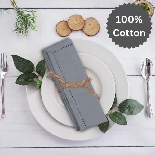 Urbana Cotton Set of 12 Hemstitch Cloth Dinner Napkins 100% Cotton Soft Durable Washable Reusable - Table Dinner Napkins for Hotel Lunch Restaurant Weddings Events & Parties - 18x18 Grey