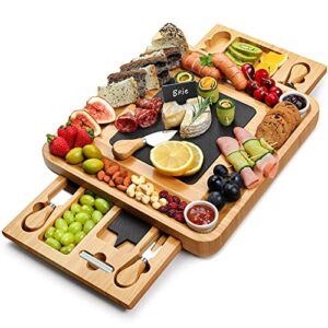 easoger large charcuterie board (28″×13″×1.6″) with 2 drawers, bamboo cheese board with knife set, 2 ceramic bowls, cutting protection natural slate and non-slip feet, ideal for housewarming gift