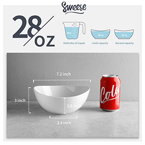 Sweese 28 oz Porcelain Bowls Set of 6 - for Salad, Pasta, Cereal - Microwave, Dishwasher and Oven Safe - White - 103.001