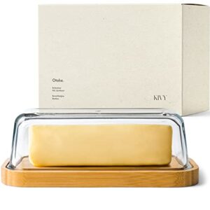 kivy glass butter dish with lid for countertop and refrigerator door shelf – butter keeper – butter holder for counter – butter container for fridge – covered butter dishes with lid – butter tray