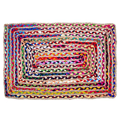 Eleet Cotton & Jute Multi Chindi Area Rug - 2x3 Ft Multicolor Hand Woven Braided Reversible Rug Rag, Colors May Vary (2x3 Feet Cotton+Jute (Rectangular))