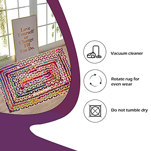 Eleet Cotton & Jute Multi Chindi Area Rug - 2x3 Ft Multicolor Hand Woven Braided Reversible Rug Rag, Colors May Vary (2x3 Feet Cotton+Jute (Rectangular))