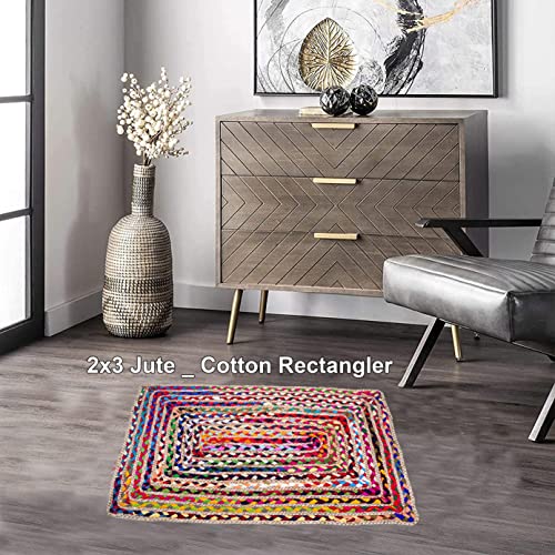 Eleet Cotton & Jute Multi Chindi Area Rug - 2x3 Ft Multicolor Hand Woven Braided Reversible Rug Rag, Colors May Vary (2x3 Feet Cotton+Jute (Rectangular))