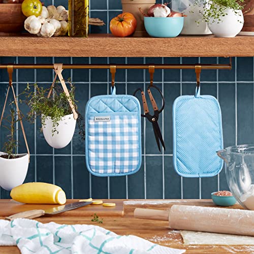 KitchenAid Gingham Pot Holder 2-Pack Set, Blue Velvet, 7"x10"