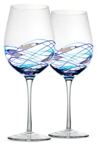bezrat red wine glasses set of 2, hand painted wine glass, drinkware essentials, 11″ h, 28oz wine lover large glass, glassware gifts ideas for women inspired by ‘duomo di milano’ mothers day (blue)