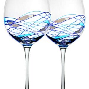 Bezrat Red Wine Glasses Set of 2, Hand Painted Wine Glass, Drinkware Essentials, 11" H, 28oz Wine Lover Large Glass, Glassware Gifts Ideas for Women Inspired by 'Duomo di Milano' Mothers Day (Blue)