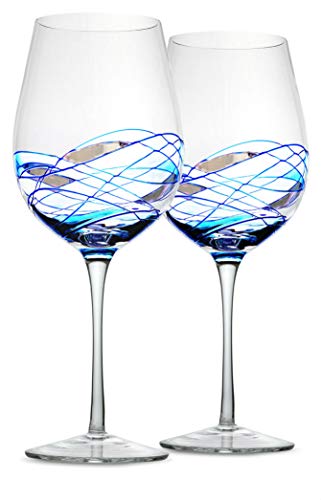 Bezrat Red Wine Glasses Set of 2, Hand Painted Wine Glass, Drinkware Essentials, 11" H, 28oz Wine Lover Large Glass, Glassware Gifts Ideas for Women Inspired by 'Duomo di Milano' Mothers Day (Blue)