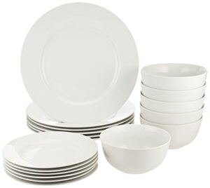 amazon basics 18-piece kitchen dinnerware set, plates, dishes, bowls, service for 6 – white