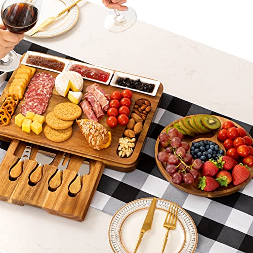 Oyydecor Cheese Board and Knife Set Large Acacia Wooden Charcuterie Board Set, Perfect Wood Serving Plate for Meats, Cheese, Crackers and Wine for Men and Women Thanksgiving Birthday Wedding Gifts