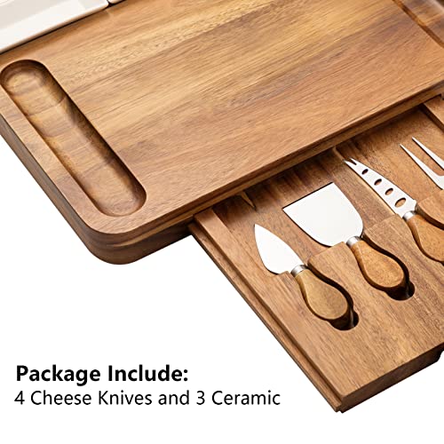 Oyydecor Cheese Board and Knife Set Large Acacia Wooden Charcuterie Board Set, Perfect Wood Serving Plate for Meats, Cheese, Crackers and Wine for Men and Women Thanksgiving Birthday Wedding Gifts