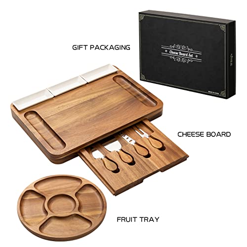 Oyydecor Cheese Board and Knife Set Large Acacia Wooden Charcuterie Board Set, Perfect Wood Serving Plate for Meats, Cheese, Crackers and Wine for Men and Women Thanksgiving Birthday Wedding Gifts