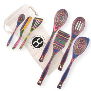 exotic pakkawood 7-piece kitchen utensil set with spoon, slotted spoon, spatula, corner spoon, small spoon, small spatula/turner, spreader – earth friendly material – by crate collective (rainbow)