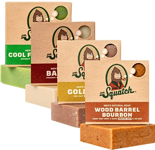 Dr. Squatch Men's Soap Variety 4 Pack - Wood Barrel Bourbon, Gold Moss, Bay Rum, Cool Fresh Aloe