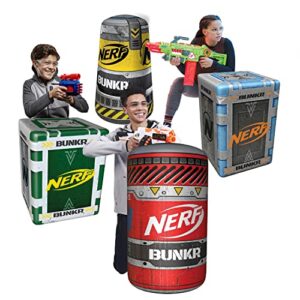nerf bunkr battlezone competition pack of 4 inflatable crate and barrel shields – barricades for nerf party and nerf war