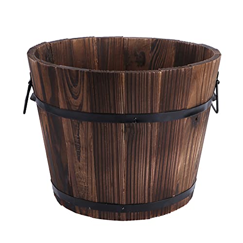 YARDWE Wooden Flower Bucket Rustic Flower Planters Wood Barrels Bucket Plant Pots Boxes Pails Container with Drainage Holes Handles for Patio Garden Backyard