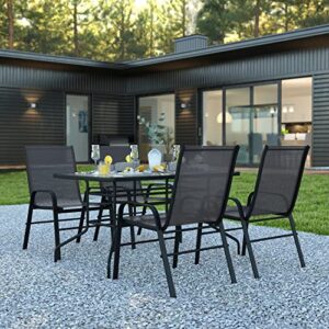 flash furniture 4 flex comfort stack chairs, 55″ tempered glass patio table with umbrella hole, black