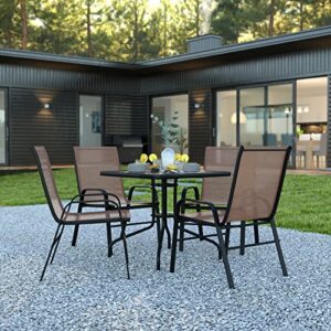 Flash Furniture 4 Flex Comfort Stack Chairs, 31.5" Square Tempered Glass Patio Table, Brown