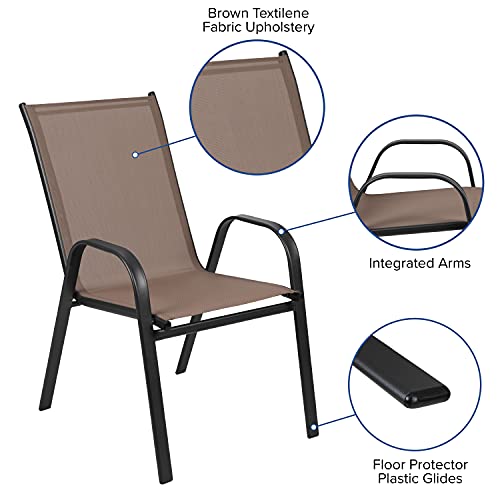 Flash Furniture 4 Flex Comfort Stack Chairs, 31.5" Square Tempered Glass Patio Table, Brown