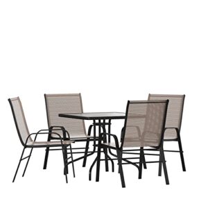 Flash Furniture 4 Flex Comfort Stack Chairs, 31.5" Square Tempered Glass Patio Table, Brown