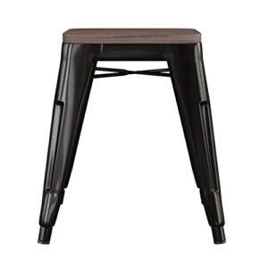 Flash Furniture Metal Dining Table Height Stool with Wooden Seat Set of 4 - Backless Black Commercial Grade Stool - 18" Stackable Dining Chairs