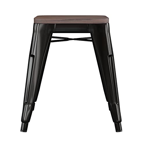 Flash Furniture Metal Dining Table Height Stool with Wooden Seat Set of 4 - Backless Black Commercial Grade Stool - 18" Stackable Dining Chairs